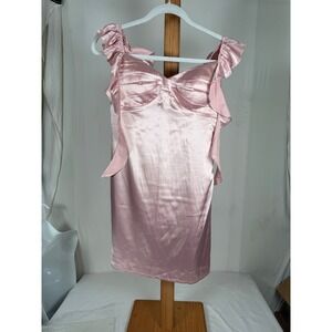 Pink Satin Ruffle Cold Shoulder Mini Dress Sweetheart Neck Bow Front Size S